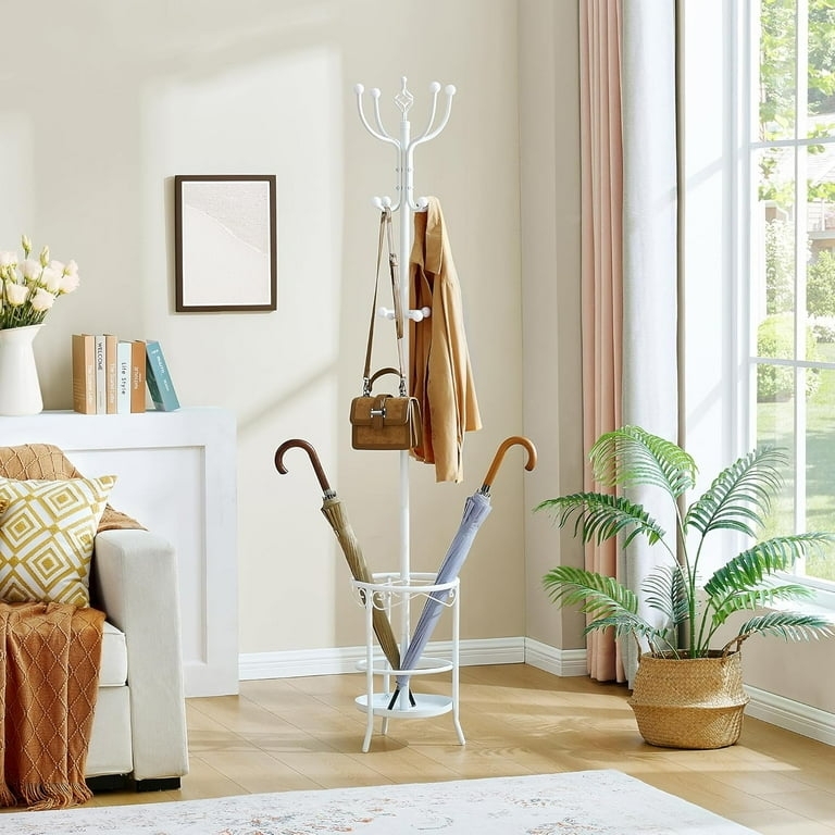 Standing Coat Rack White Metal with Ball End Hooks & Umbrella Stand