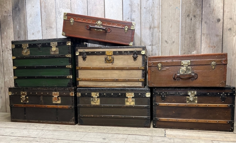 Steamer Trunk Antique Green Finish Brass Hardware Leather Handles