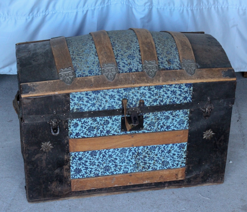 Steamer Trunk Antique Humpback Blue Floral Pattern Starburst Studs