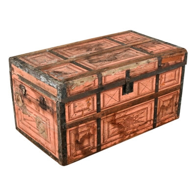 Steamer Trunk French Antique Salmon Pink Hue Geometric Paneling