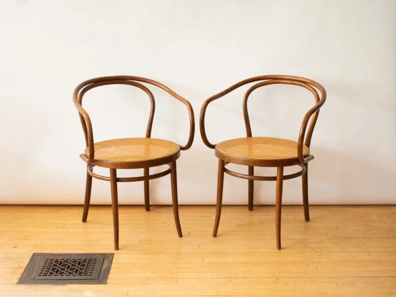 Stendig Style Bentwood Armchair: Continuous Frame, Woven Cane Seat