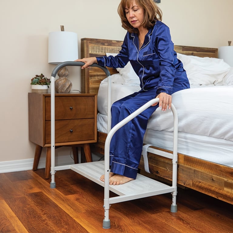Step Stool with Adjustable Legs, Dual Handrails and Walnut Finish
