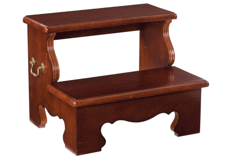 Step Stool with Brass Handle, Cherry Brown Scalloped Apron Detail