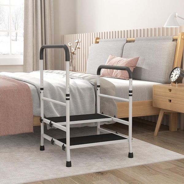 Step Stool with Charcoal Black Treads, Matte White Dual Handrails