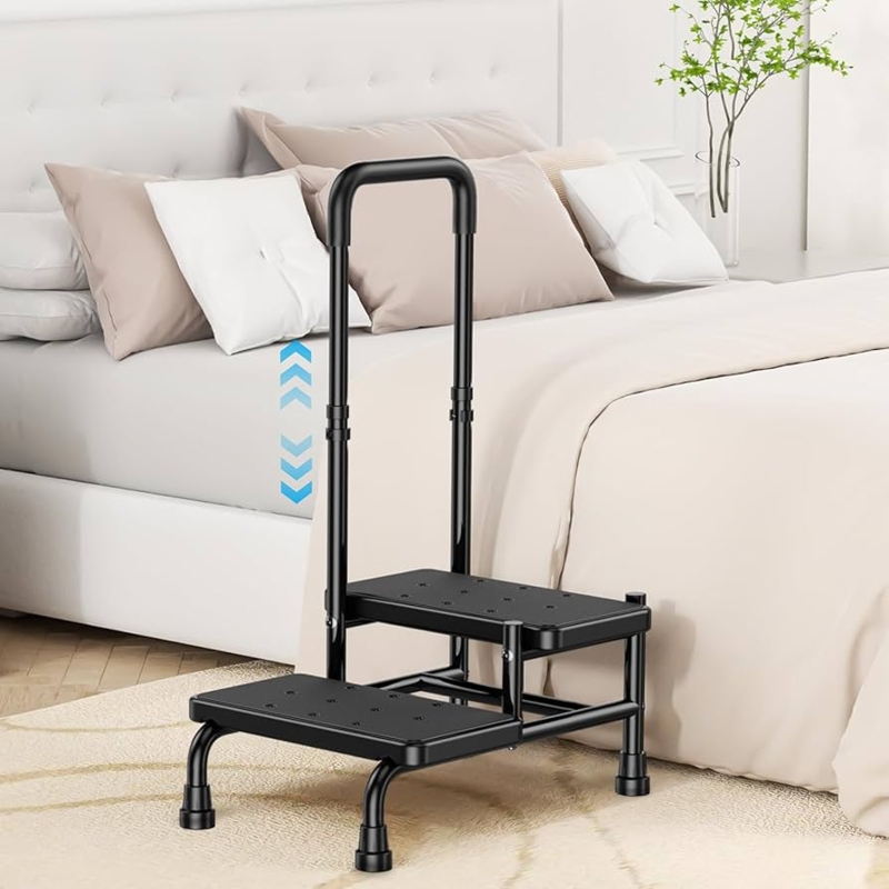 Step Stool with Textured Non-Slip Surface, Matte Black Adjustable Rail