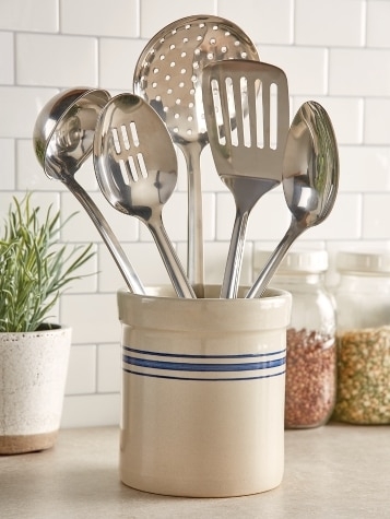 Stoneware Utensil Crock, Cream Glaze with Classic Blue Stripes