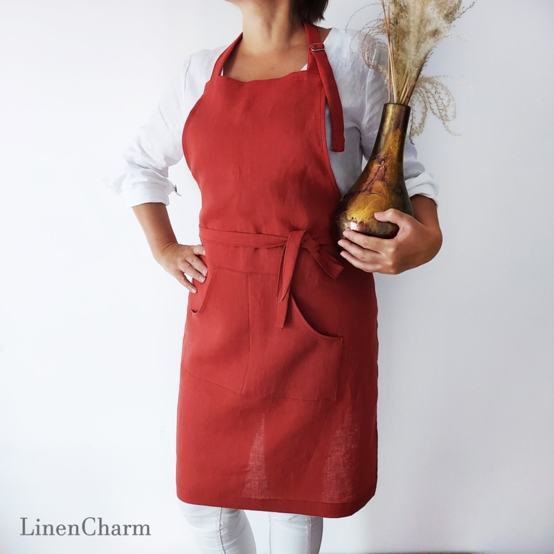 Stonewashed Bib Apron, Red Brick Linen, Divided Pocket, Rustic Style