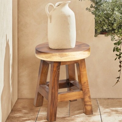 Stool Side Table Thick Round Top Angled Legs Organic Suar Wood
