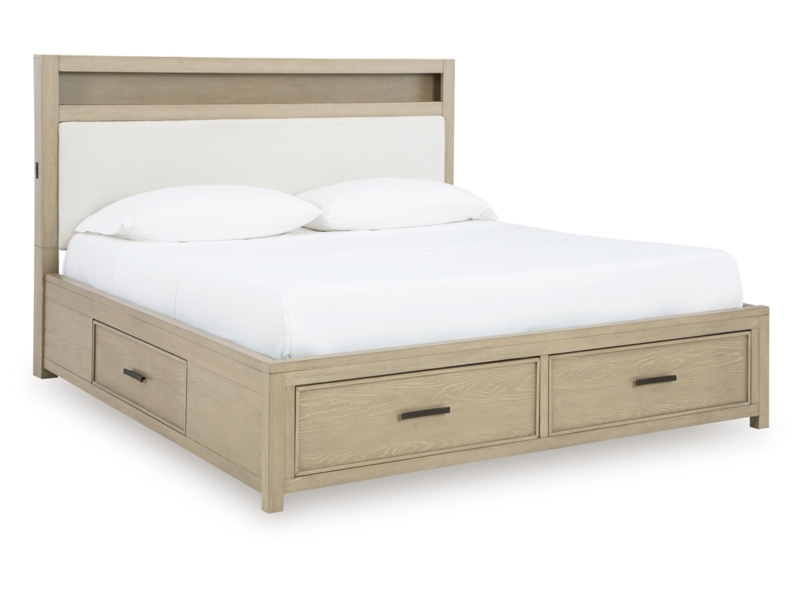 Storage Bed Light Taupe Upholstered Panel Four Storage Drawers Farmhouse