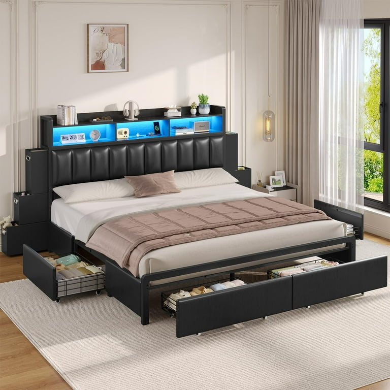 Storage Bed Matte Black 10 Drawers Blue LED Accent Charging Station
