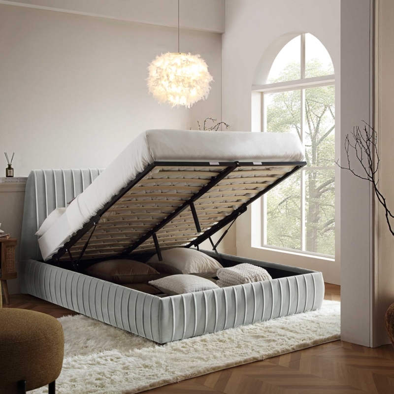 Storage Bed: Silver Gray Velvet with Vertical Pleating and Gas Lift