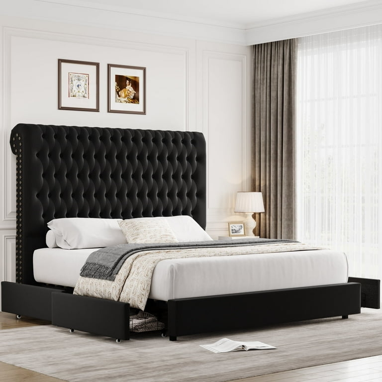 Storage Bed Tall Tufted Headboard Wingback Silhouette Pull Out Drawers