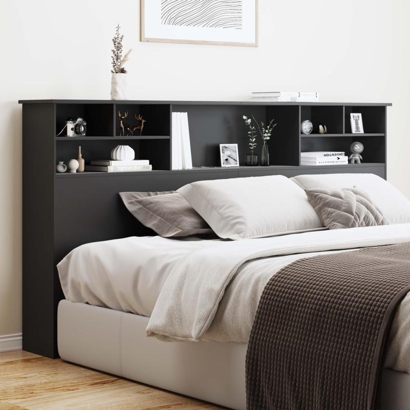 Storage Bed with Bookshelf Headboard, Matte Black Finish, Integrated Cubbies.