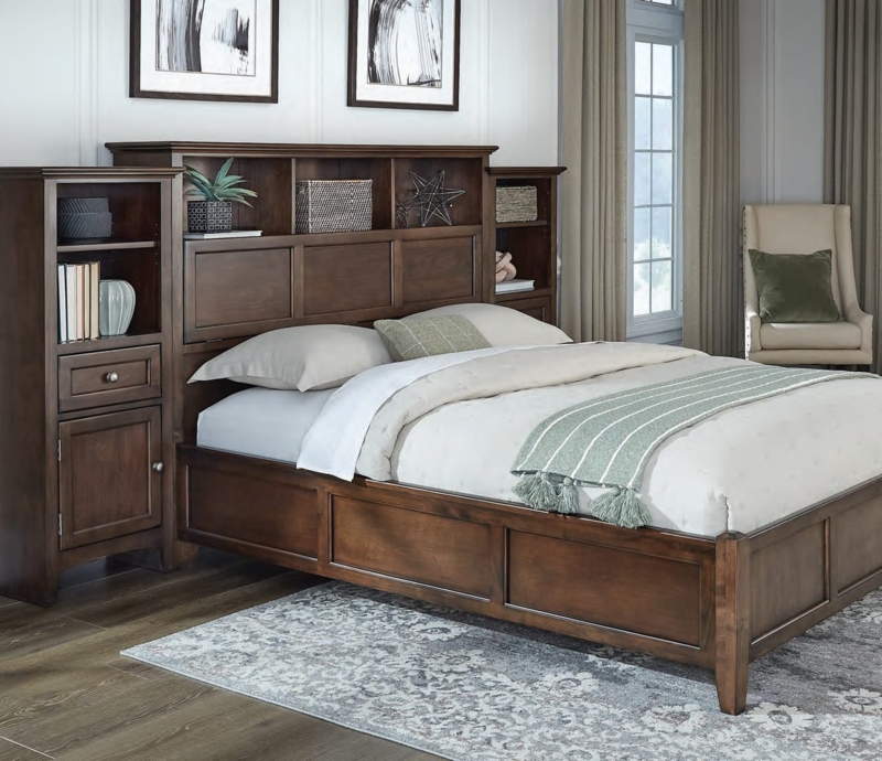 Storage Bed with Side Storage Piers, Traditional Dark Stained Finish.
