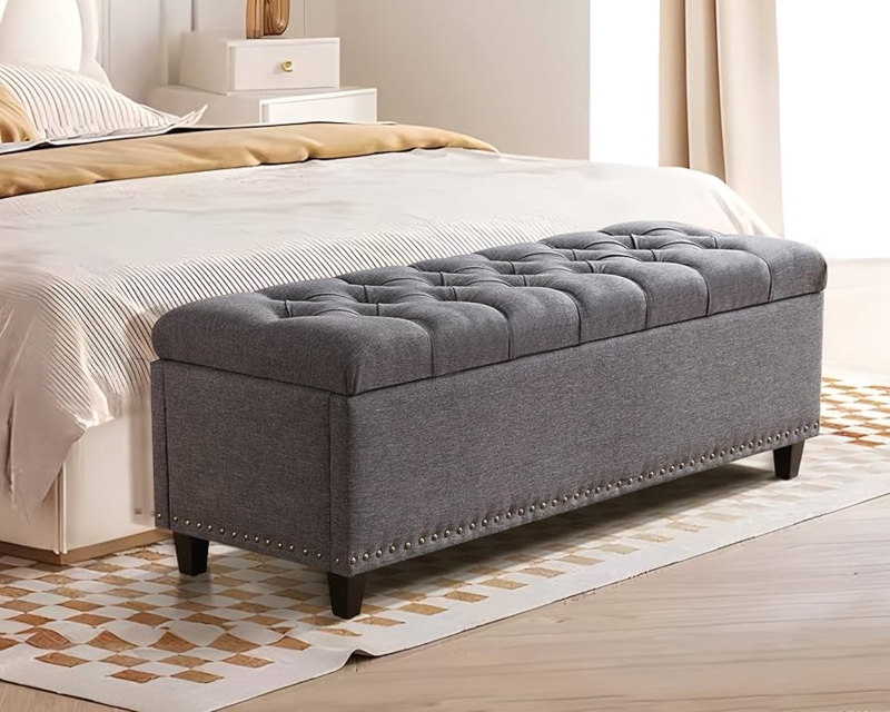Storage Bench: Charcoal Grey with Nailhead Trim and Diamond Tufting