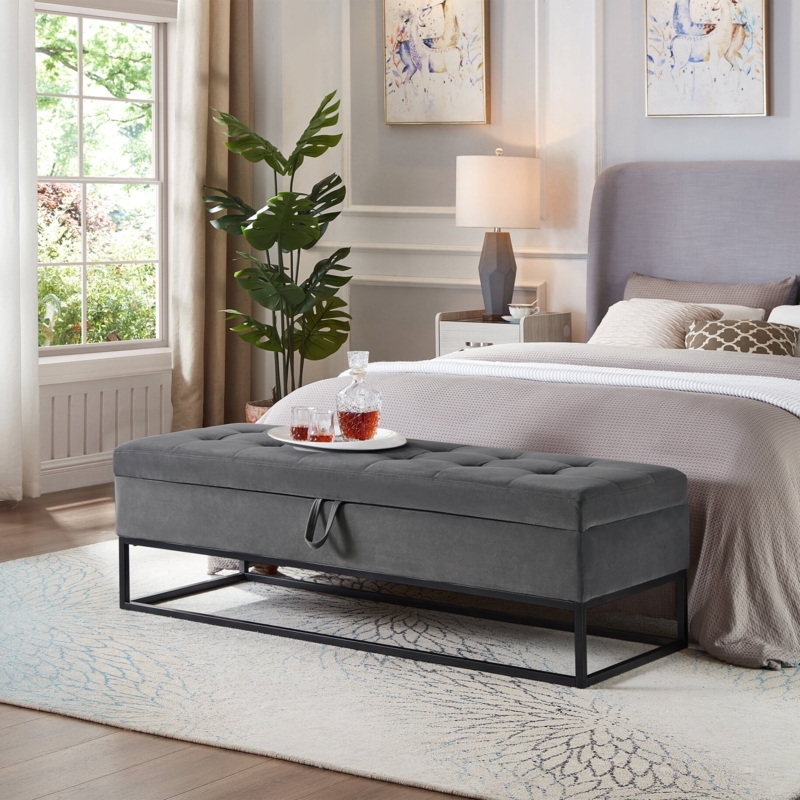Storage Bench: Charcoal Velvet-Like Fabric on Matte Black Metal Base