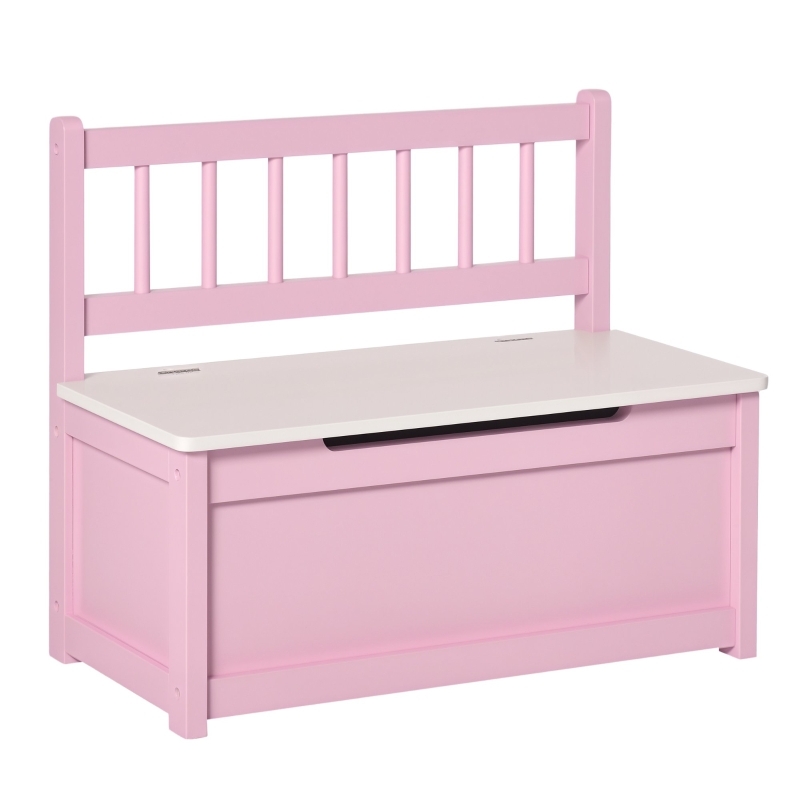 Storage Bench: Cottage baby pink two-tone with classic spindle backrest.