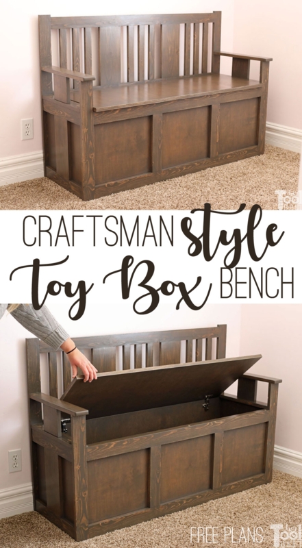 Storage Bench: Craftsman walnut finish with slatted back and armrests.