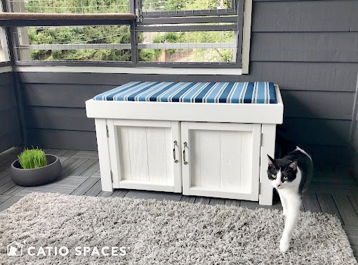 Storage Bench Enclosure, Striped Cushion, Dual Doors, Outdoor Catio
