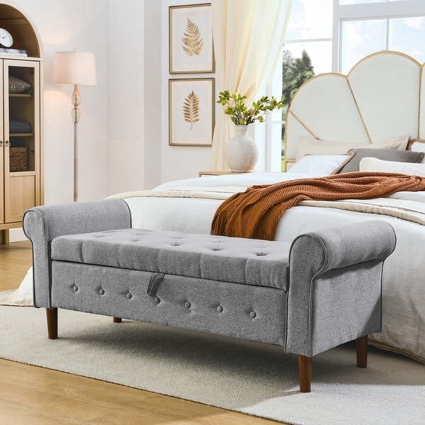 Storage Bench: Gray Upholstered Fabric with Rolled Arms and Piping