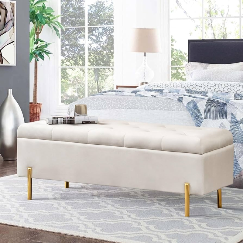 Storage Bench in Ivory Velvet with Gold Tapered Legs