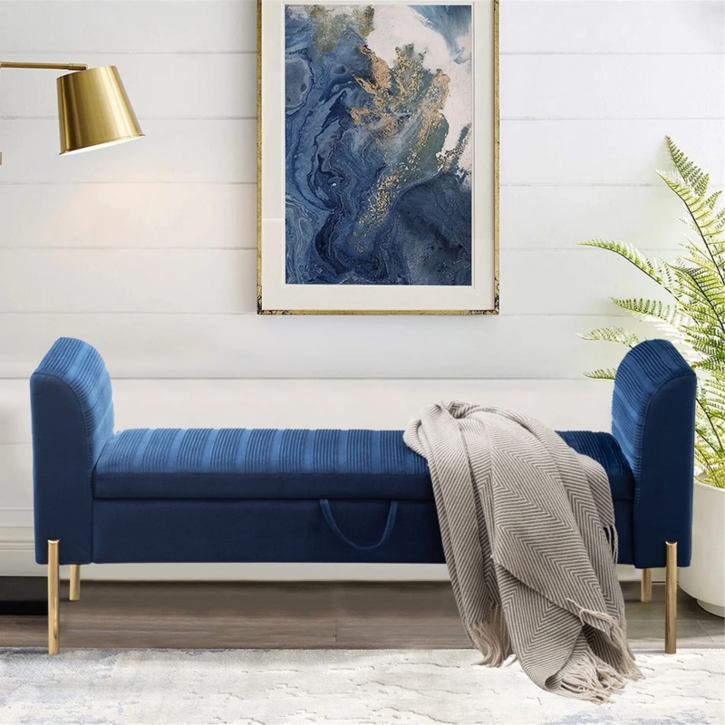 Storage Bench in Navy Velvet with Arched Arms and Channel Tufting