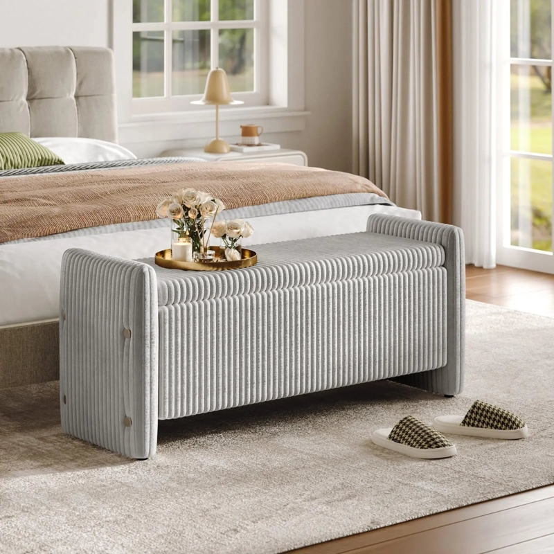 Storage Bench: Light Gray Velvet with Vertical Ribbing and Side Arms