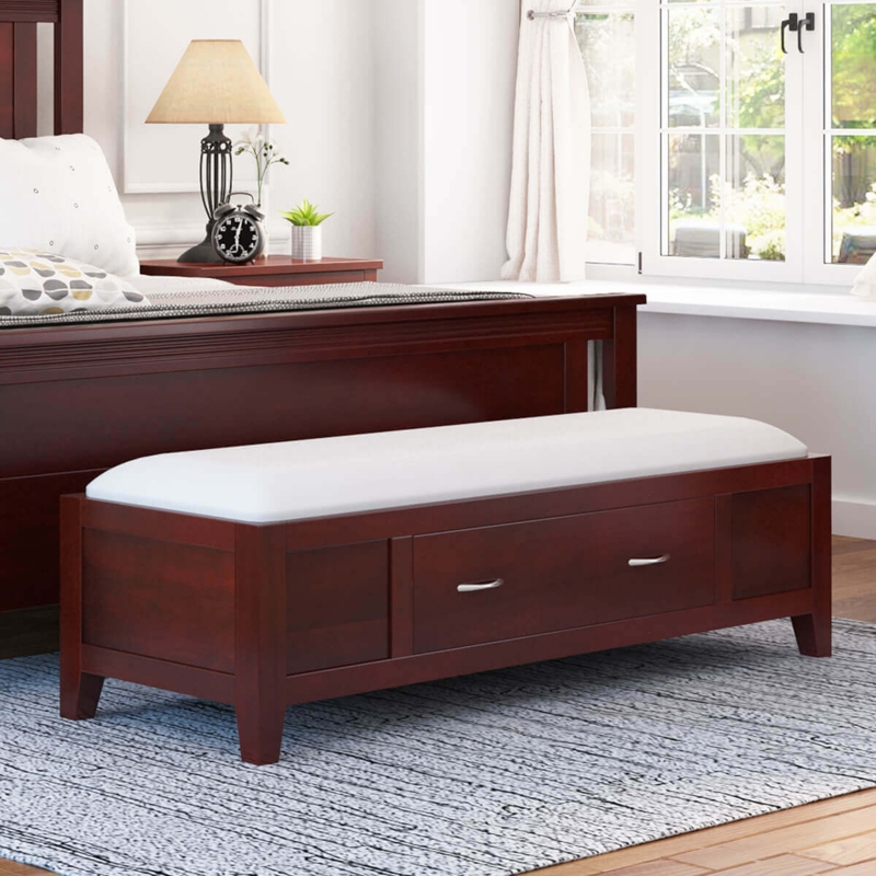 Storage Bench: Mahogany Wood Frame with Single Drawer and White Top