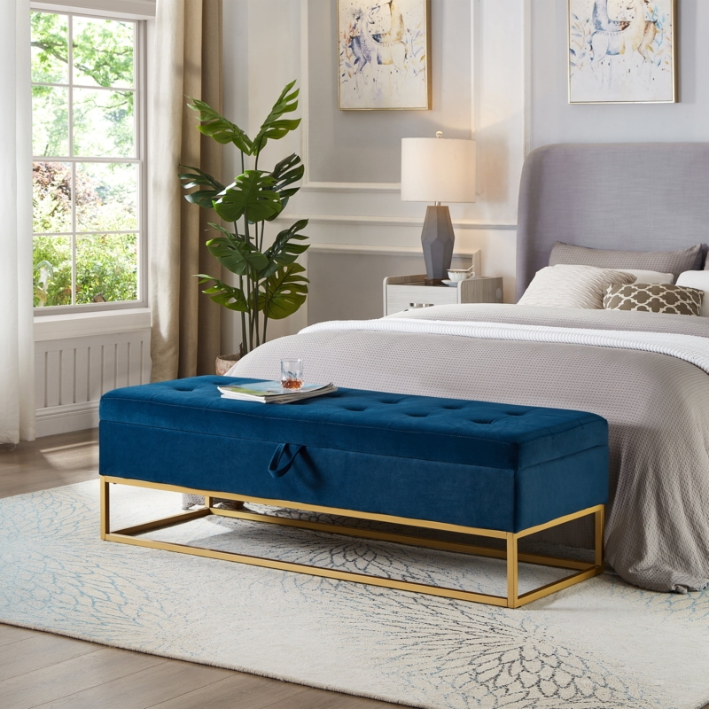 Storage Bench: Navy Velvet Tufted Seat on Gold Metal Base