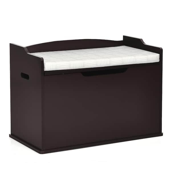 Storage Bench: Traditional espresso finish with grid pattern cushion.