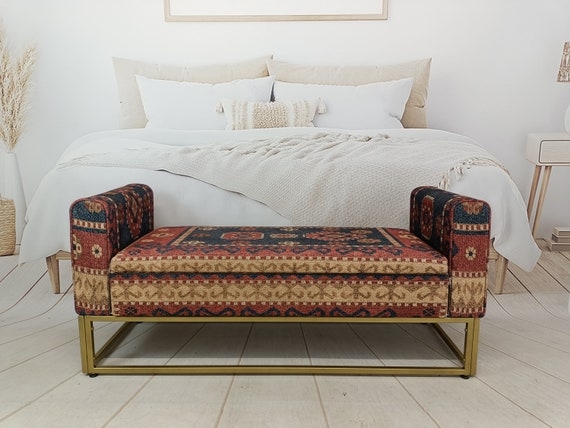 Storage Bench with Kilim Pattern and Brass Sled Base
