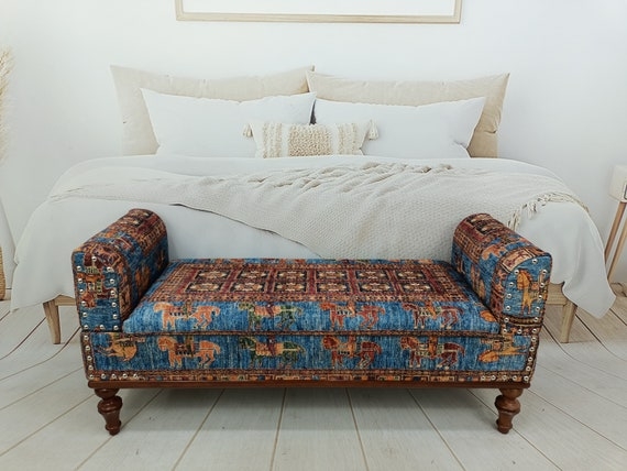 Storage Bench with Pictorial Tapestry and Silver Nailheads
