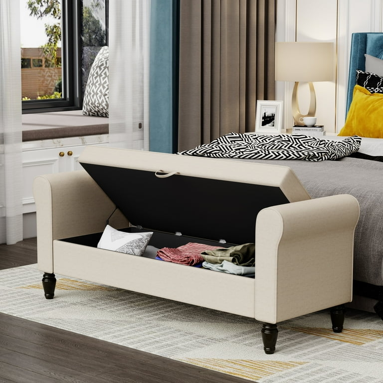 Storage Bench with Rolled Arms and Turned Legs in Ivory