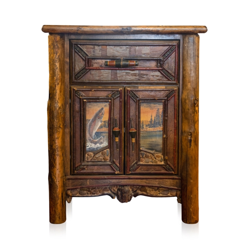 Storage Cabinet Adirondack Birch Bark Hand Painted Trout Twig Detail