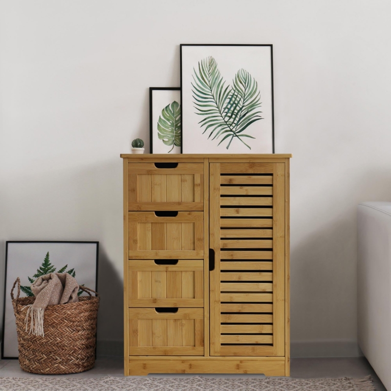 Storage Cabinet Four Drawers Slatted Door Natural Bamboo Organizer