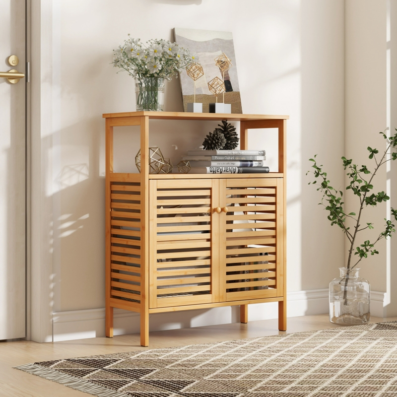 Storage Cabinet Honey Blonde Open Top Shelf Slatted Doors
