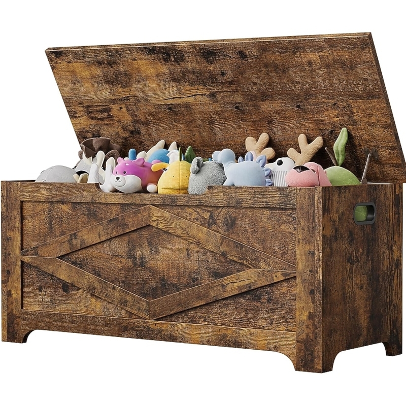 Storage Chest: Rustic distressed brown finish with unique diamond trim.