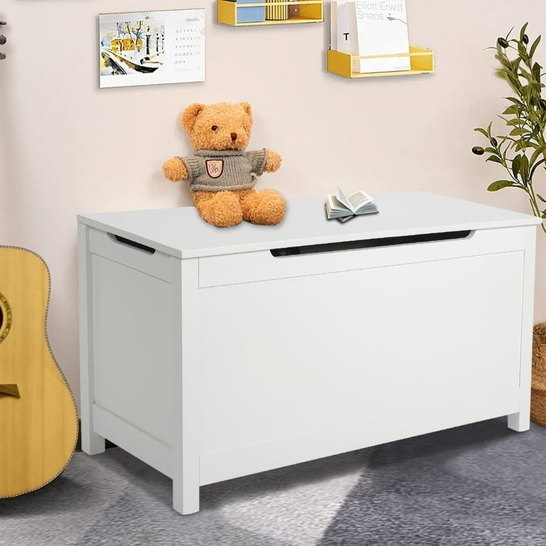 Storage Chest: White minimalist bench with safety gap and paneled sides.