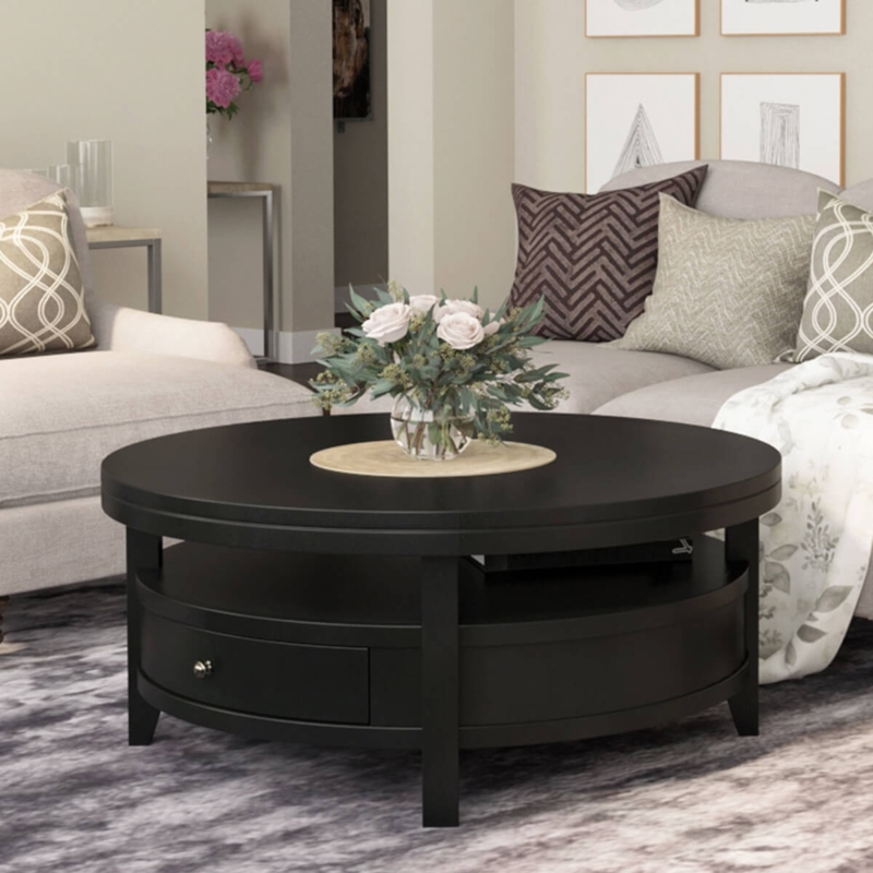 Storage Coffee Table Tiered Design with Drawer and Matte Black Wood Finish
