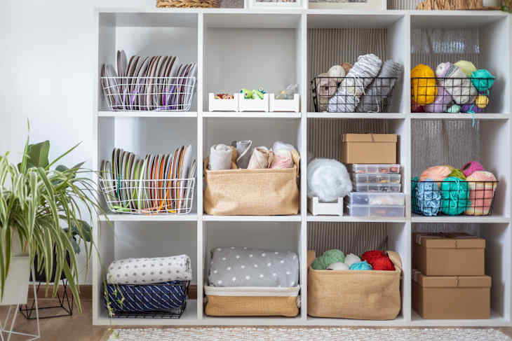 Storage Cubby Unit: White 12-Cube Organizer with Wire Baskets
