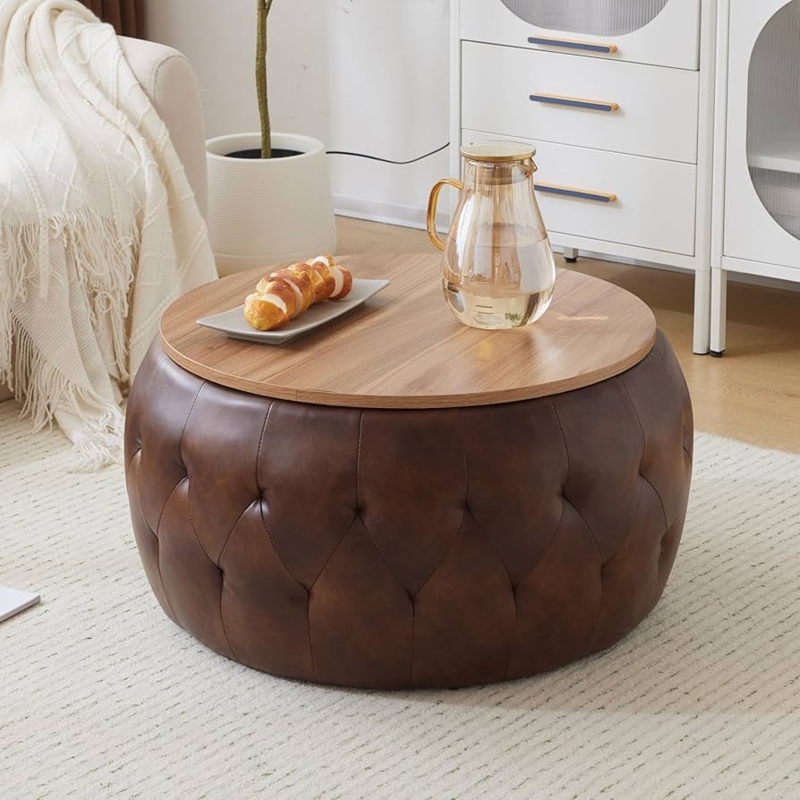 Storage Ottoman Round with Wood Toned Top and Diamond Tufting