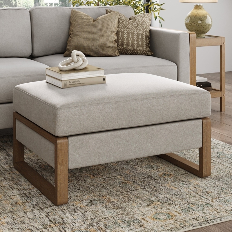 Storage Ottoman Sled Base Wood Frame in Textured Oatmeal Beige