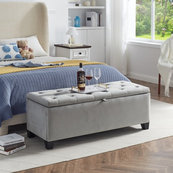 Storage Ottoman: Soft Grey Velvet Rectangular Trunk with Block Legs