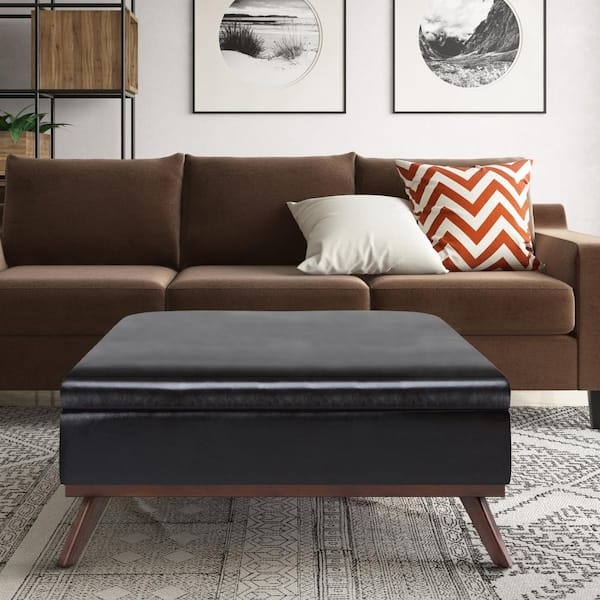 Storage Ottoman Square Tanners Brown Vegan Leather with Tapered Legs