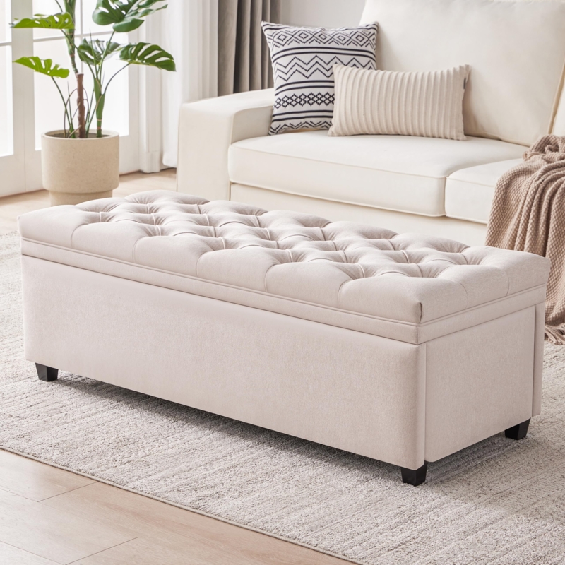 Storage Ottoman: Warm Beige Fabric with Diamond Button Tufting