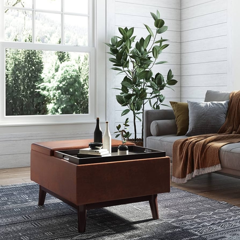 Storage Ottoman with Flip Top Tray in Distressed Saddle Brown