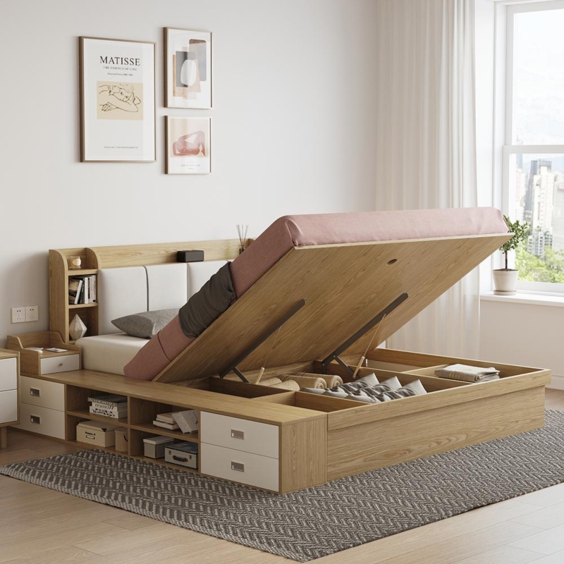Storage Platform Bed Light Oak Hydraulic Lift Base Japandi Style