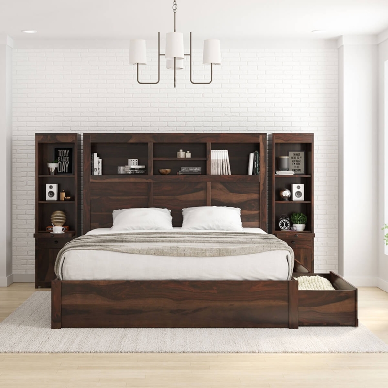Storage Platform Bed with Side Tower Shelving, Espresso Brown Finish.