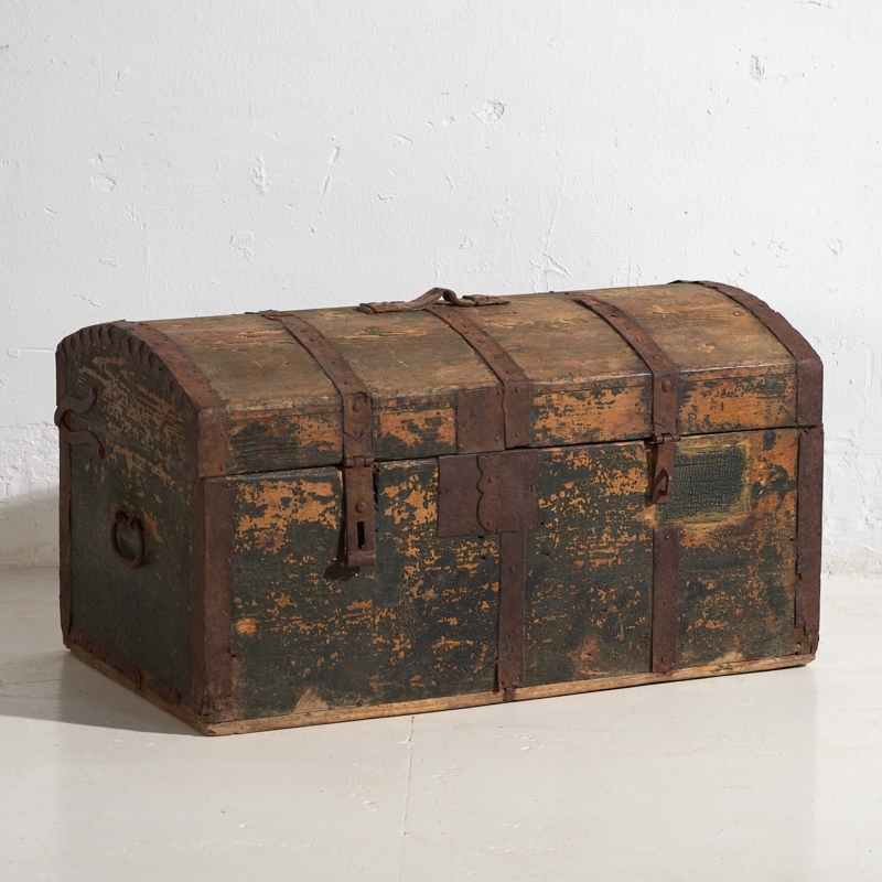 Storage Trunk Antique Green Domed Top Rusted Metal Banding