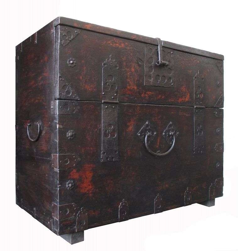 Storage Trunk Antique Korean Bandaji Hinged Front Panel Iron Hardware